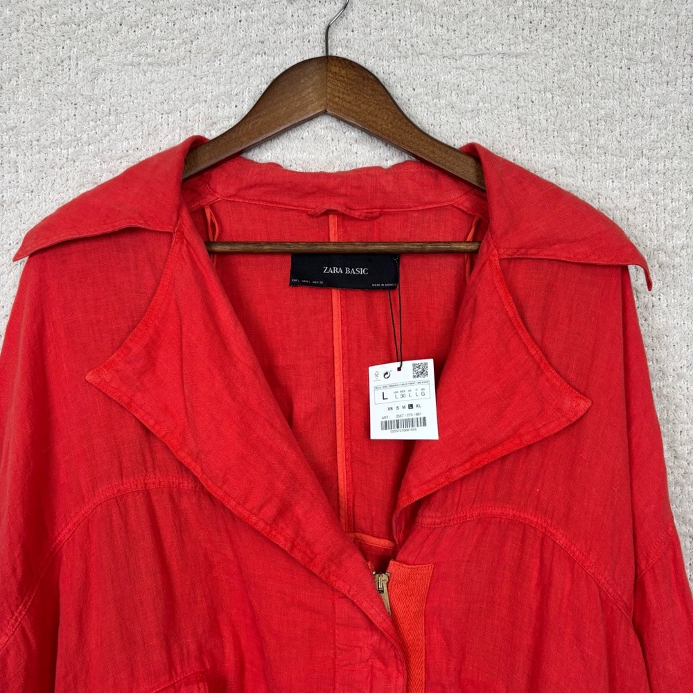 Zara Basic‎ Jacket Womens L Red Orange 100% Linen *Missing Belt* - Picture 3 of 12